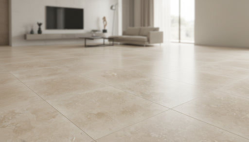 Close-up of Noce Travertine Filled, Honed & Straight Edge 18 x 18 x 1/2 Cross Cut Tile, in Noce tones.