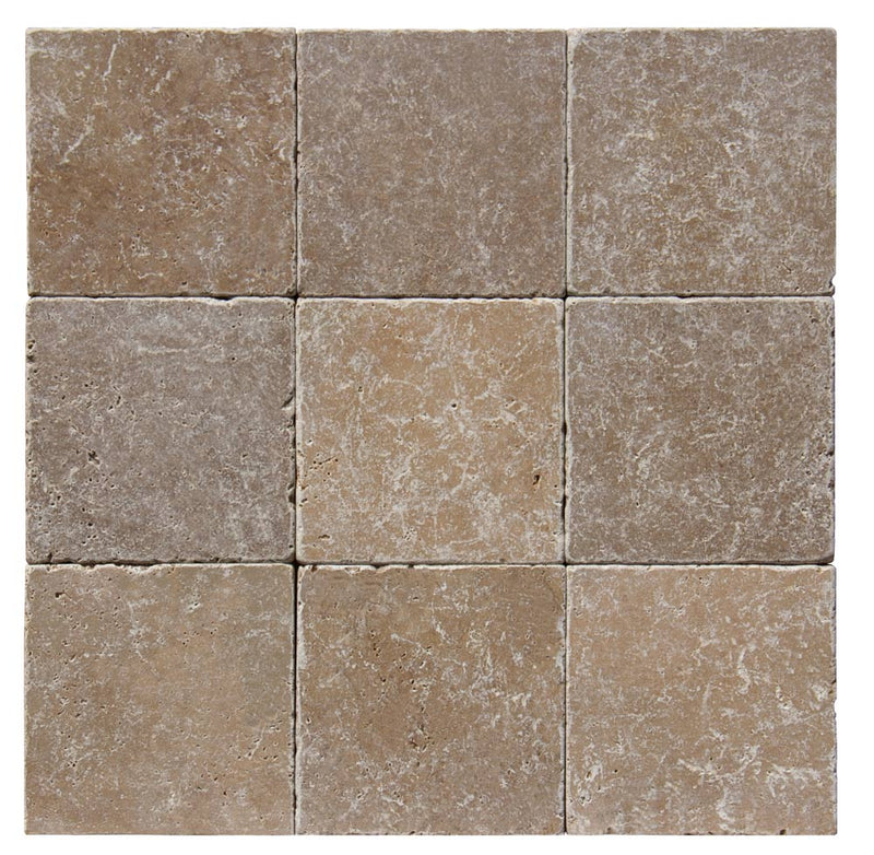 Close-up of Noce Travertine Tumbled 18 x 18 x 1/2 Cross Cut Tile, in Noce tones.
