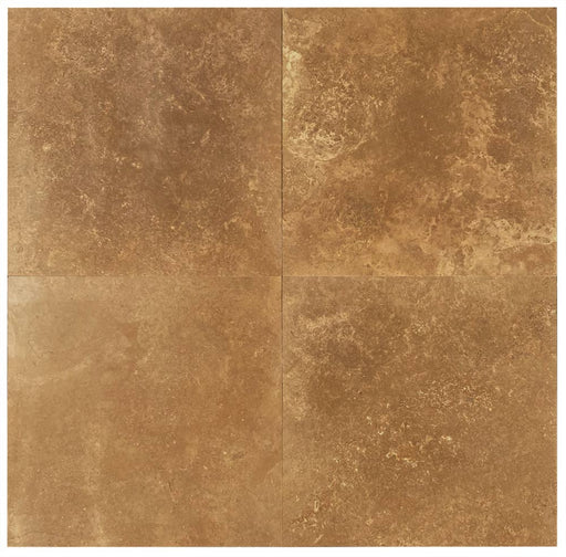 Close-up of Noce Travertine Filled, Honed & Straight Edge 24 x 24 x 1/2 Cross Cut Tile, in Noce tones.
