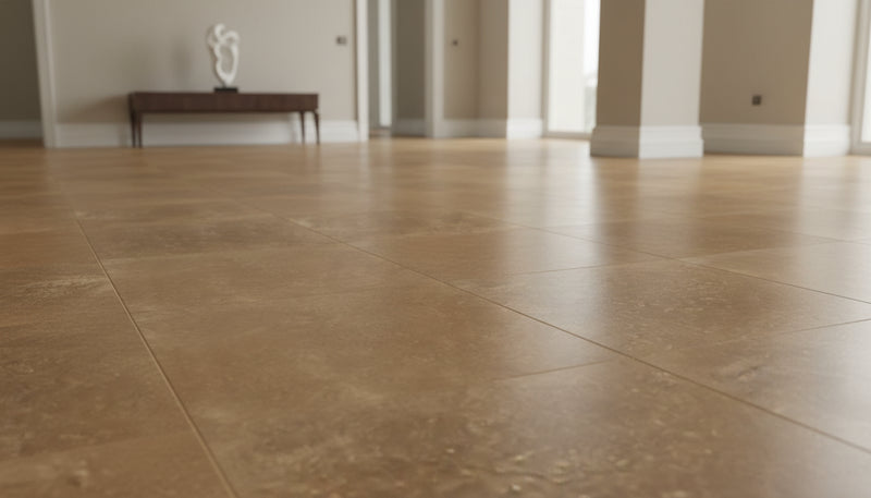 Close-up of Noce Travertine Filled, Honed & Straight Edge 24 x 24 x 1/2 Cross Cut Tile, in Noce tones.