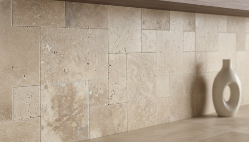 Close-up of Noce Travertine Filled, Honed & Straight Edge French Versailles x 1/2 Cross Cut Tile, in Noce tones.