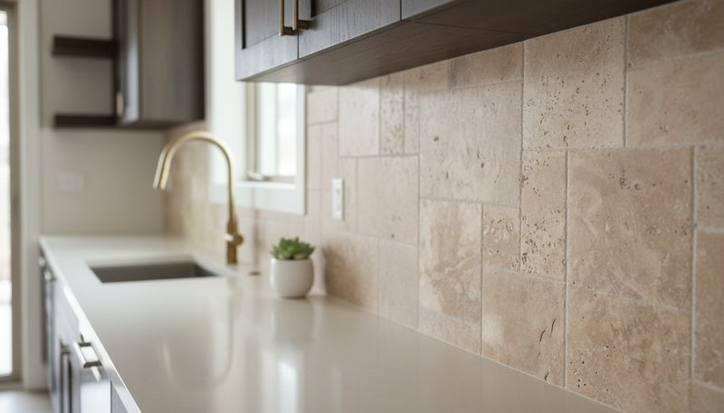 Close-up of Noce Travertine Tumbled French Versailles x 1/2 Cross Cut Tile, in Noce tones.