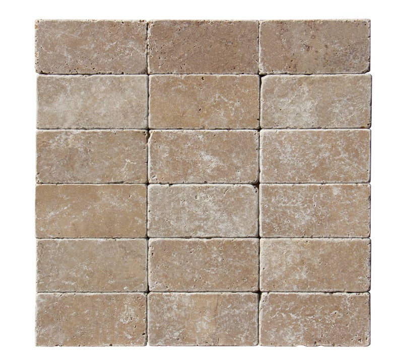 Close-up of Noce Travertine Tumbled 3 x 6 x 3/8 Cross Cut Tile, in Noce tones.