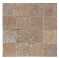 Close-up of Noce Travertine Tumbled 4 x 4 x 3/8 Cross Cut Tile, in Noce tones.