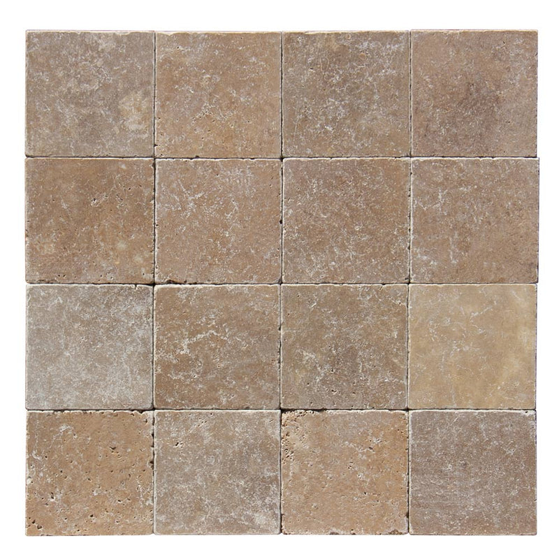 Close-up of Noce Travertine Tumbled 4 x 4 x 3/8 Cross Cut Tile, in Noce tones.