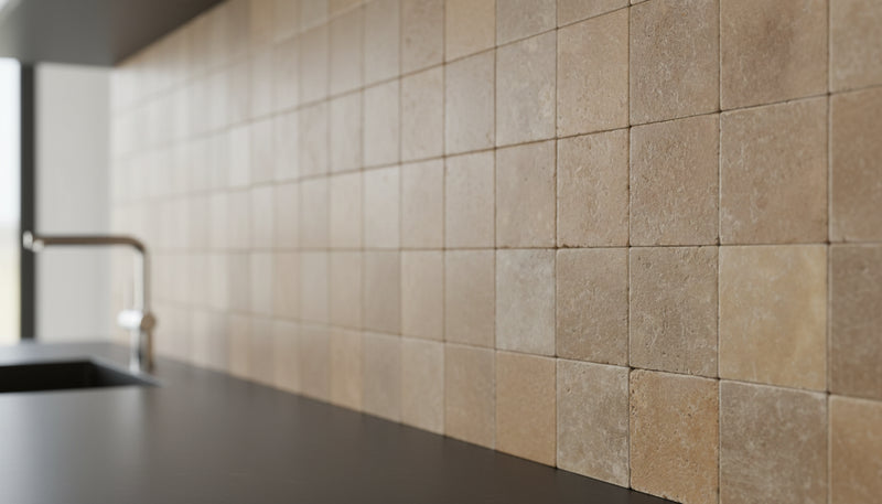 Close-up of Noce Travertine Tumbled 4 x 4 x 3/8 Cross Cut Tile, in Noce tones.