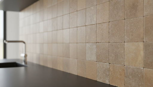 Close-up of Noce Travertine Tumbled 4 x 4 x 3/8 Cross Cut Tile, in Noce tones.