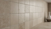 Close-up of Noce Travertine Tumbled 6 x 6 x 3/8 Cross Cut Tile, in Noce tones.
