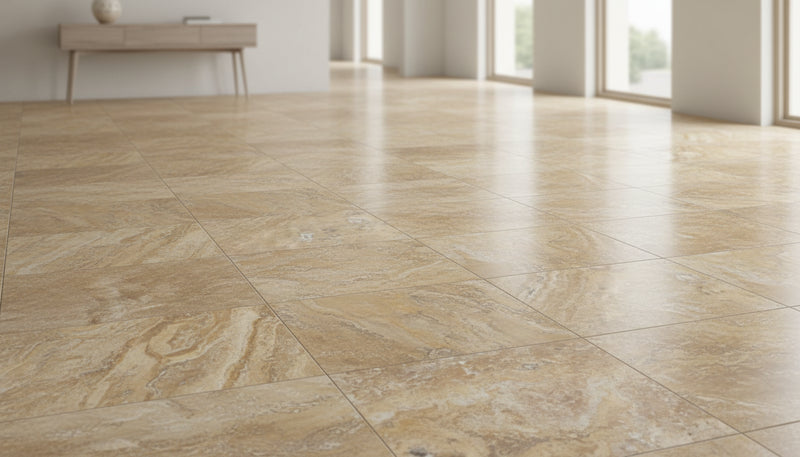 Close-up of Autumn Leaves Scabos Travertine Filled, Honed & Straight Edge 12 x 12 x 3/8 Cross Cut Tile, in Autumn tones.