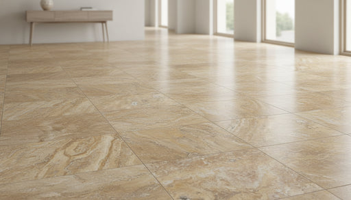 Close-up of Autumn Leaves Scabos Travertine Filled, Honed & Straight Edge 12 x 12 x 3/8 Cross Cut Tile, in Autumn tones.