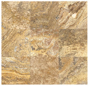 Close-up of Autumn Leaves Scabos Travertine Tumbled 12 x 12 x 3/8 Cross Cut Tile, in Autumn tones.