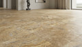 Close-up of Autumn Leaves Scabos Travertine Tumbled 12 x 12 x 3/8 Cross Cut Tile, in Autumn tones.