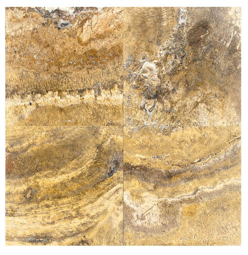 Close-up of Autumn Leaves Scabos Travertine Filled, Honed & Straight Edge 18 x 18 x 1/2 Cross Cut Tile, in Autumn tones.