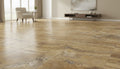 Close-up of Autumn Leaves Scabos Travertine Filled, Honed & Straight Edge 18 x 18 x 1/2 Cross Cut Tile, in Autumn tones.