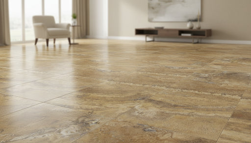 Close-up of Autumn Leaves Scabos Travertine Filled, Honed & Straight Edge 18 x 18 x 1/2 Cross Cut Tile, in Autumn tones.