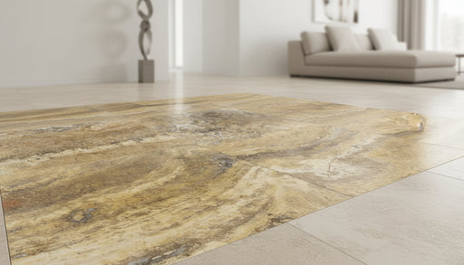 Close-up of Autumn Leaves Scabos Travertine Tumbled 18 x 18 x 1/2 Cross Cut Tile, in Autumn tones.