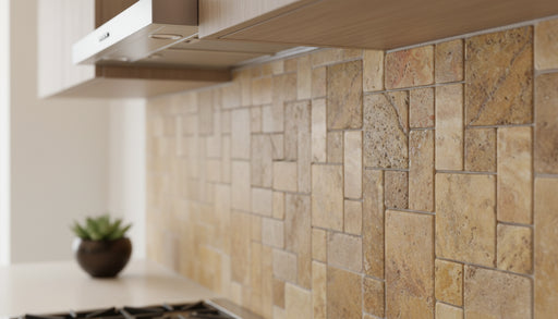 Close-up of Autumn Leaves Scabos Travertine Unfilled, Brushed & Chiseled French Versailles x 1/2 Cross Cut Tile, in Autumn tones.