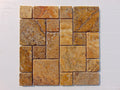 Close-up of Autumn Leaves Scabos Travertine Filled, Honed & Straight Edge French Versailles x 1/2 Cross Cut Tile, in Autumn tones.