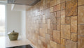 Close-up of Autumn Leaves Scabos Travertine Filled, Honed & Straight Edge French Versailles x 1/2 Cross Cut Tile, in Autumn tones.