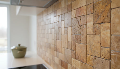 Close-up of Autumn Leaves Scabos Travertine Filled, Honed & Straight Edge French Versailles x 1/2 Cross Cut Tile, in Autumn tones.