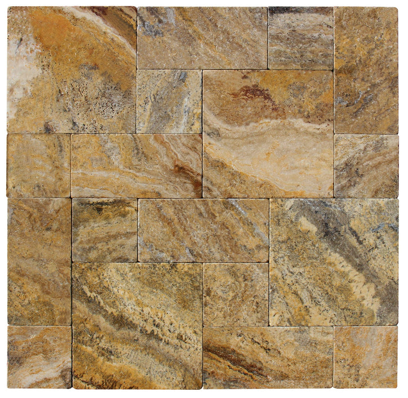Close-up of Autumn Leaves Scabos Travertine Tumbled French Versailles x 1/2 Cross Cut Tile, in Autumn tones.
