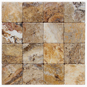 Close-up of Autumn Leaves Scabos Travertine Tumbled 4 x 4 x 3/8 Cross Cut Tile, in Autumn tones.