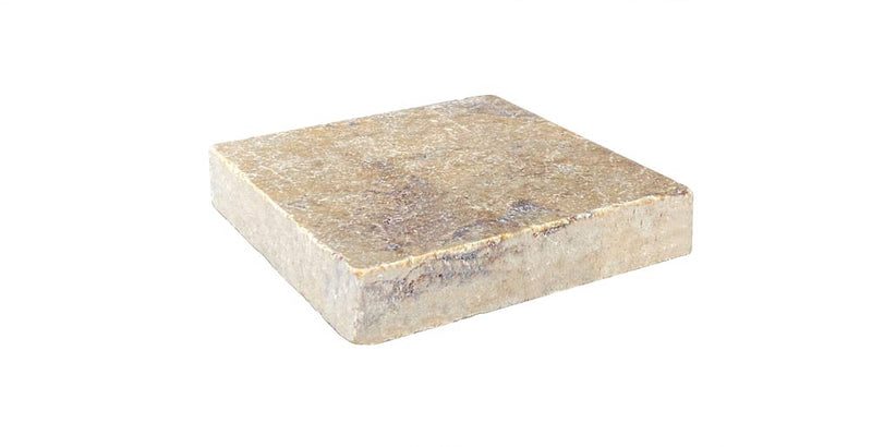 Close-up of Autumn Leaves Scabos Travertine Tumbled 6 x 6 x 3/8 Cross Cut Tile, in Autumn tones.