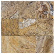Close-up of Autumn Leaves Scabos Travertine Tumbled 6 x 6 x 3/8 Cross Cut Tile, in Autumn tones.