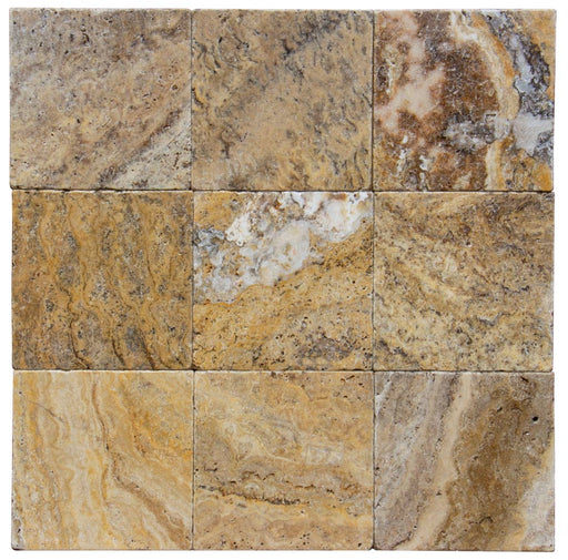 Close-up of Autumn Leaves Scabos Travertine Tumbled 6 x 6 x 3/8 Cross Cut Tile, in Autumn tones.
