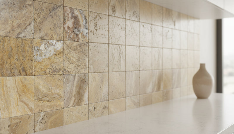 Close-up of Autumn Leaves Scabos Travertine Tumbled 6 x 6 x 3/8 Cross Cut Tile, in Autumn tones.