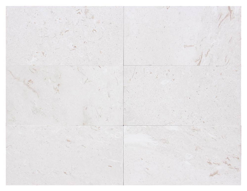 Close-up of Desert Sand Limestone Filled, Honed & Straight Edge 12 x 24 x 1/2 Cross Cut Tile, in Desert Sand tones.