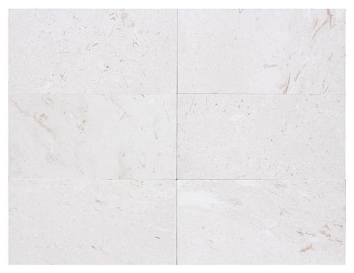 Close-up of Desert Sand Limestone Filled, Honed & Straight Edge 12 x 24 x 1/2 Cross Cut Tile, in Desert Sand tones.