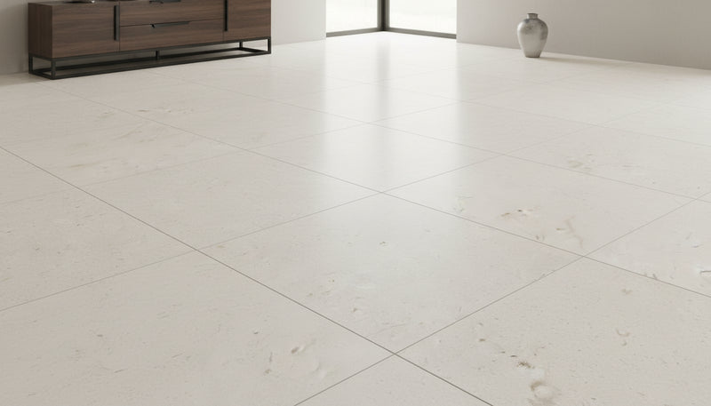 Close-up of Desert Sand Limestone Filled, Honed & Straight Edge 12 x 24 x 1/2 Cross Cut Tile, in Desert Sand tones.