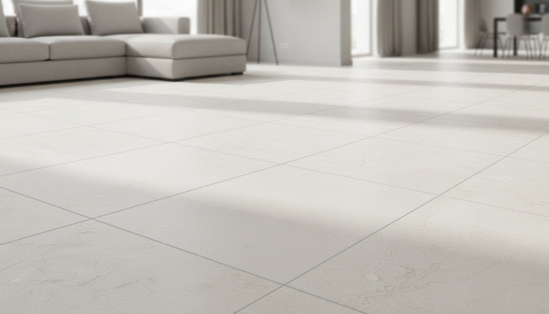 Close-up of Desert Sand Limestone Filled, Honed & Straight Edge 24 x 24 x 1/2 Cross Cut Tile, in Desert Sand tones.