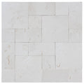 Close-up of Desert Sand Limestone Unfilled, Brushed & Chiseled French Versailles x 1/2 Cross Cut Tile, in Desert Sand tones.