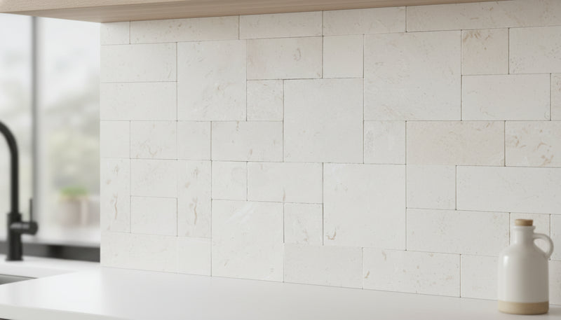 Close-up of Desert Sand Limestone Unfilled, Brushed & Chiseled French Versailles x 1/2 Cross Cut Tile, in Desert Sand tones.