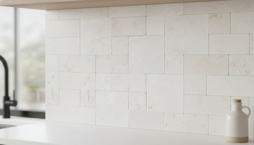 Close-up of Desert Sand Limestone Unfilled, Brushed & Chiseled French Versailles x 1/2 Cross Cut Tile, in Desert Sand tones.