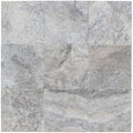 Close-up of Silver Travertine Filled, Honed & Straight Edge 12 x 12 x 3/8 Cross Cut Tile, in Silver tones.