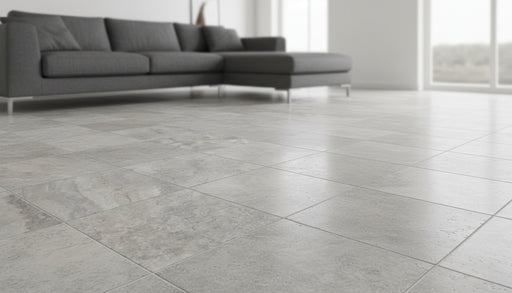 Close-up of Silver Travertine Filled, Honed & Straight Edge 12 x 12 x 3/8 Cross Cut Tile, in Silver tones.