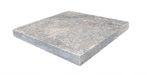 Close-up of Silver Travertine Tumbled 12 x 12 x 3/8 Cross Cut Tile, in Silver tones.