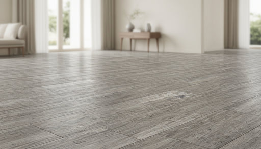 Close-up of Silver Travertine Filled, Honed & Straight Edge 12 x 24 x 1/2 Vein Cut Tile, in Silver tones.