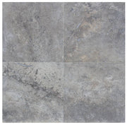 Close-up of Silver Travertine Filled, Honed & Straight Edge 18 x 18 x 1/2 Cross Cut Tile, in Silver tones.