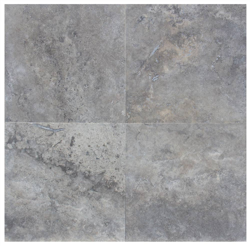 Close-up of Silver Travertine Filled, Honed & Straight Edge 18 x 18 x 1/2 Cross Cut Tile, in Silver tones.