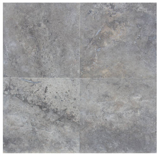 Close-up of Silver Travertine Filled, Honed & Straight Edge 18 x 18 x 1/2 Cross Cut Tile, in Silver tones.