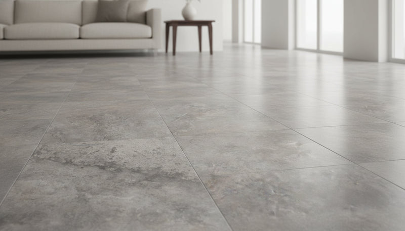 Close-up of Silver Travertine Filled, Honed & Straight Edge 18 x 18 x 1/2 Cross Cut Tile, in Silver tones.