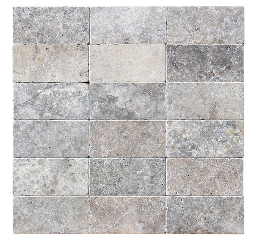 Close-up of Silver Travertine Tumbled 3 x 6 x 3/8 Cross Cut Tile, in Silver tones.