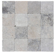 Close-up of Silver Travertine Tumbled 4 x 4 x 3/8 Cross Cut Tile, in Silver tones.