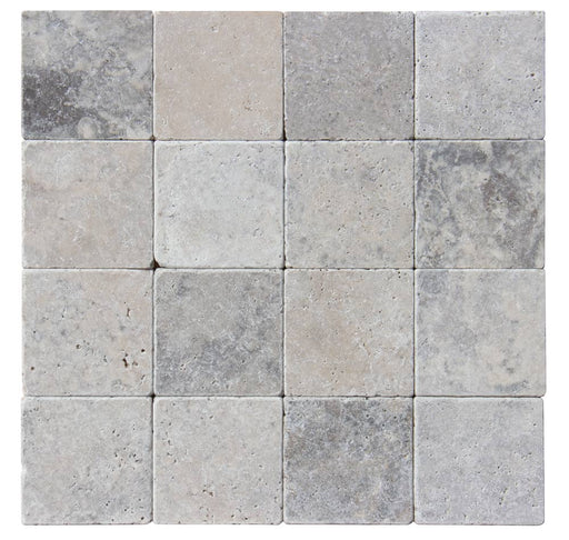 Close-up of Silver Travertine Tumbled 4 x 4 x 3/8 Cross Cut Tile, in Silver tones.