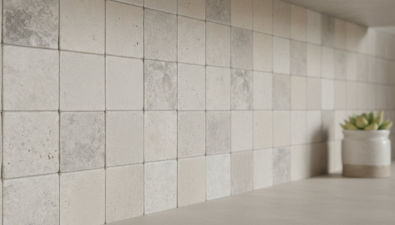 Close-up of Silver Travertine Tumbled 4 x 4 x 3/8 Cross Cut Tile, in Silver tones.