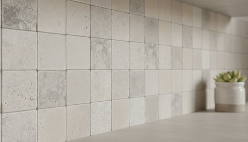 Close-up of Silver Travertine Tumbled 4 x 4 x 3/8 Cross Cut Tile, in Silver tones.